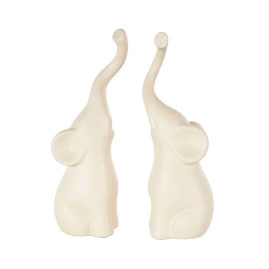 13" Cream Ceramic Elephant Decorative Sculpture with Raised Trunks, 2ct.